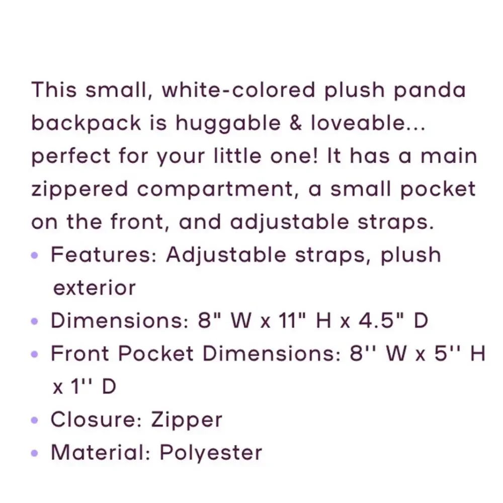Claire's Club Plush Panda Small Backpack‎ Minimalist White Black - Picture 2 of 10